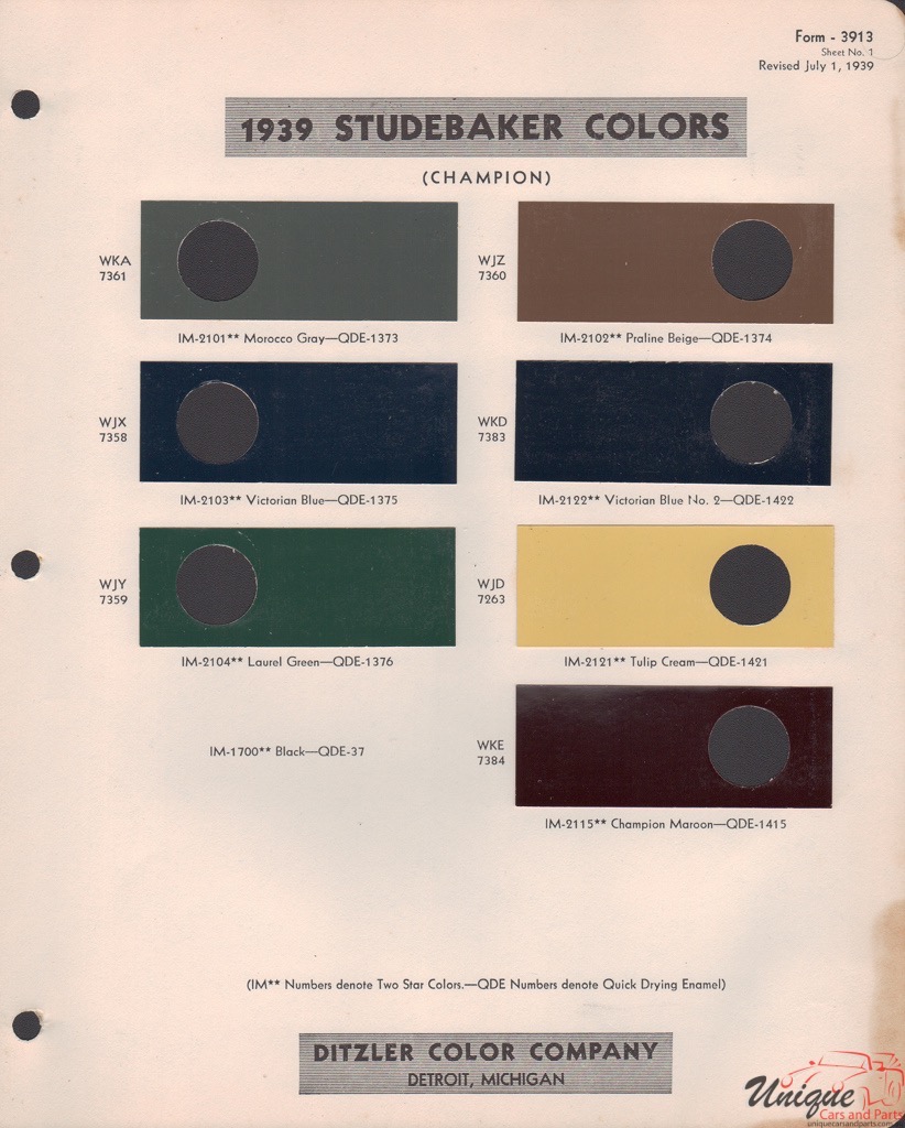 1939 Studebaker Paint Charts PPG 1